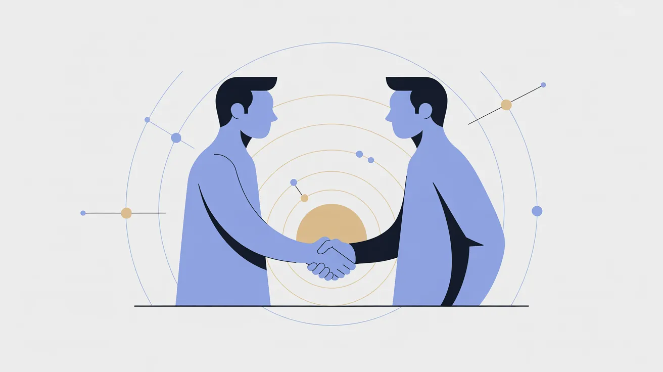 "Simple modern illustration of trust and connection, two people shaking hands with soft glow, clean white background, blue and gold accents, minimal style, digital marketing concept, professional and friendly"