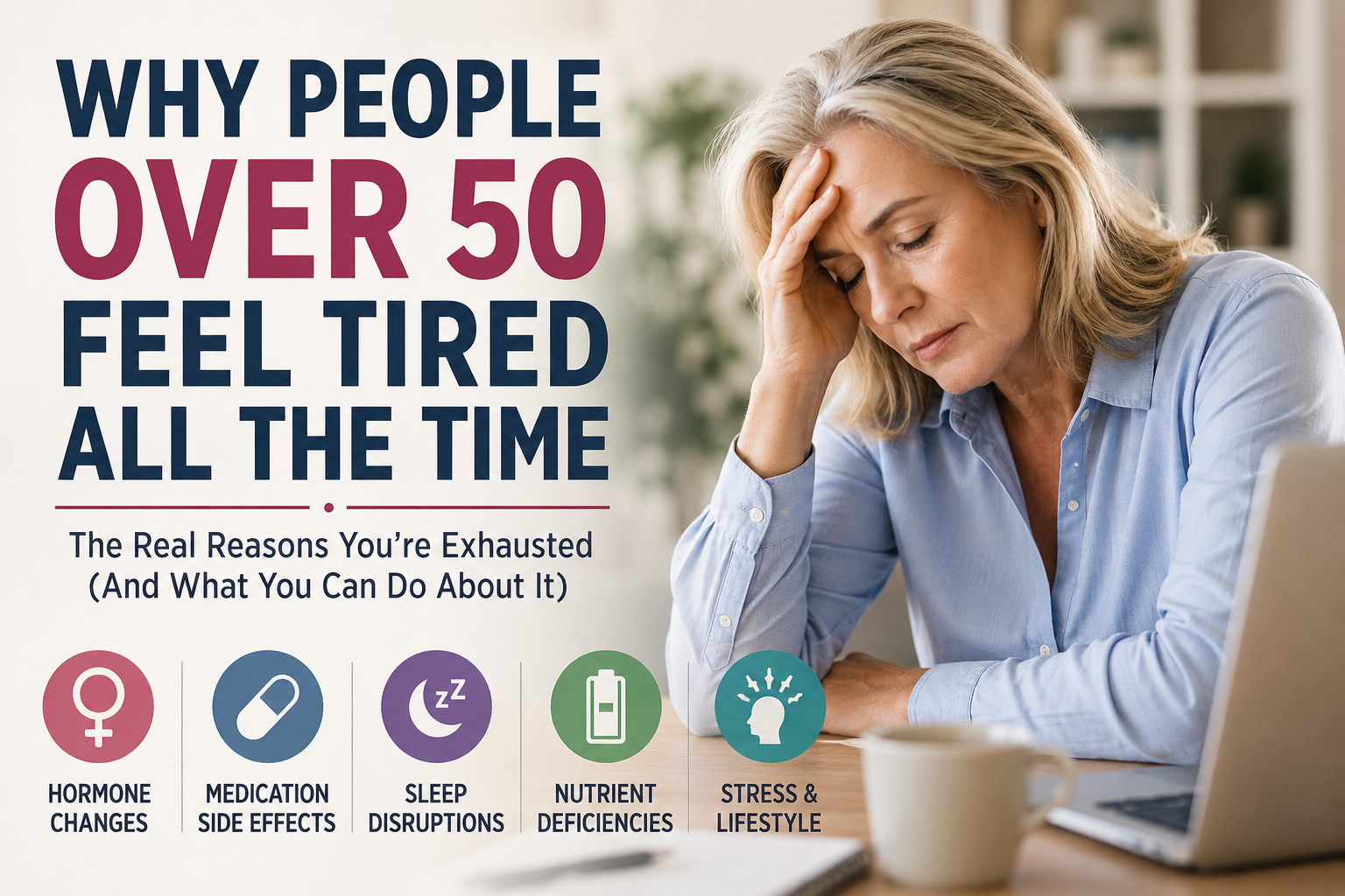 Tired woman over 50 sitting at a desk with infographic icons explaining hormone changes, sleep problems, medication side effects, and nutrient deficiencies that cause fatigue after 50.