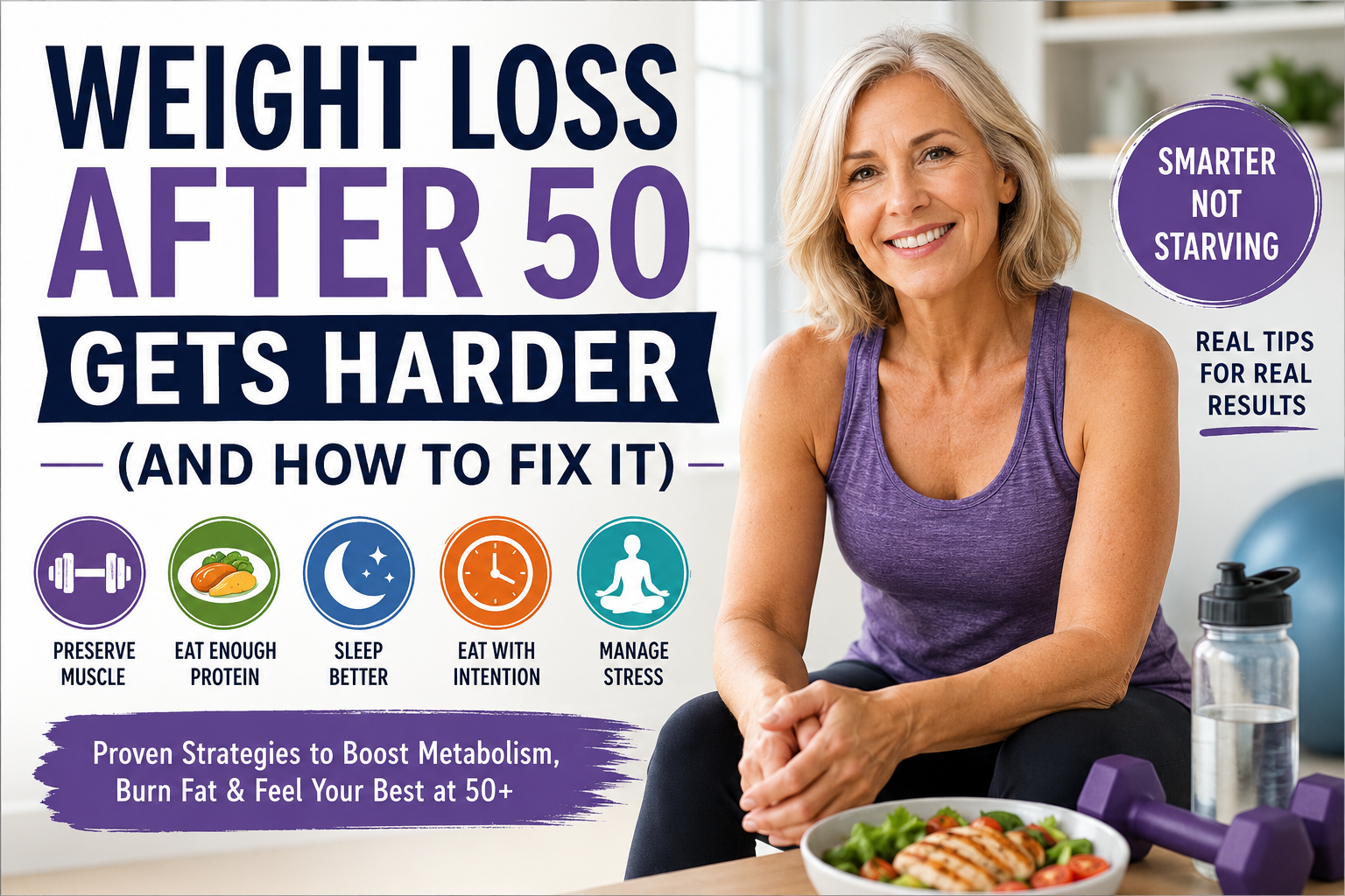 Woman over 50 smiling after a strength training workout, illustrating healthy weight loss after 50 tips.