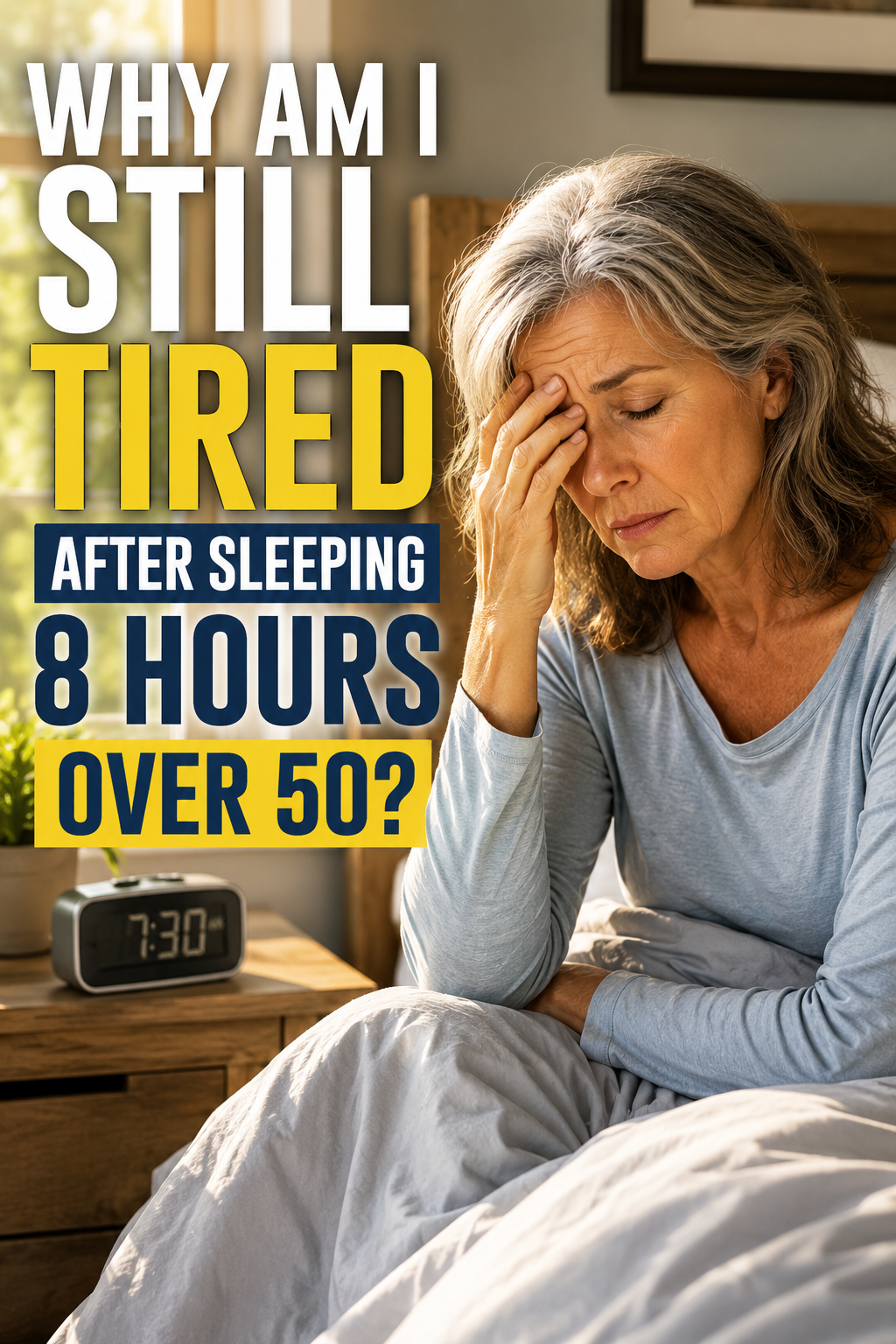 Why am I still tired after sleeping 8 hours over 50? Tired woman experiencing morning fatigue after a full night's sleep.