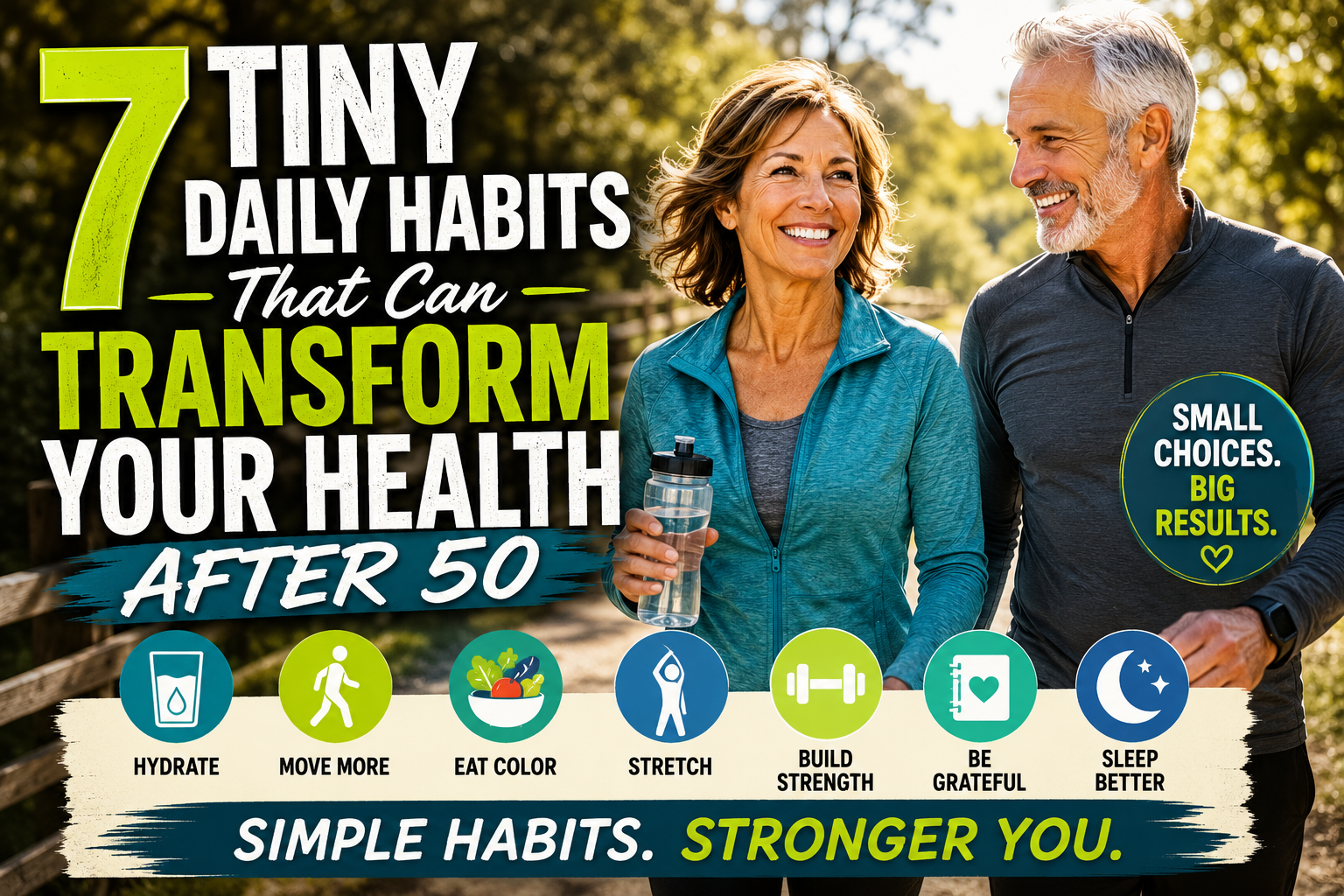Smiling couple over 50 walking on a sunny nature trail, representing seven tiny daily habits that improve health, energy, strength, and healthy aging.