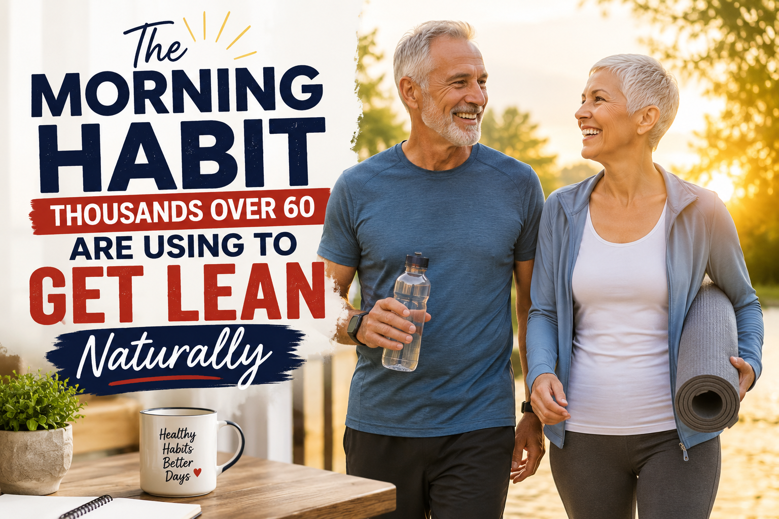 Active couple over 60 walking outdoors in the morning as part of a healthy routine for getting lean naturally