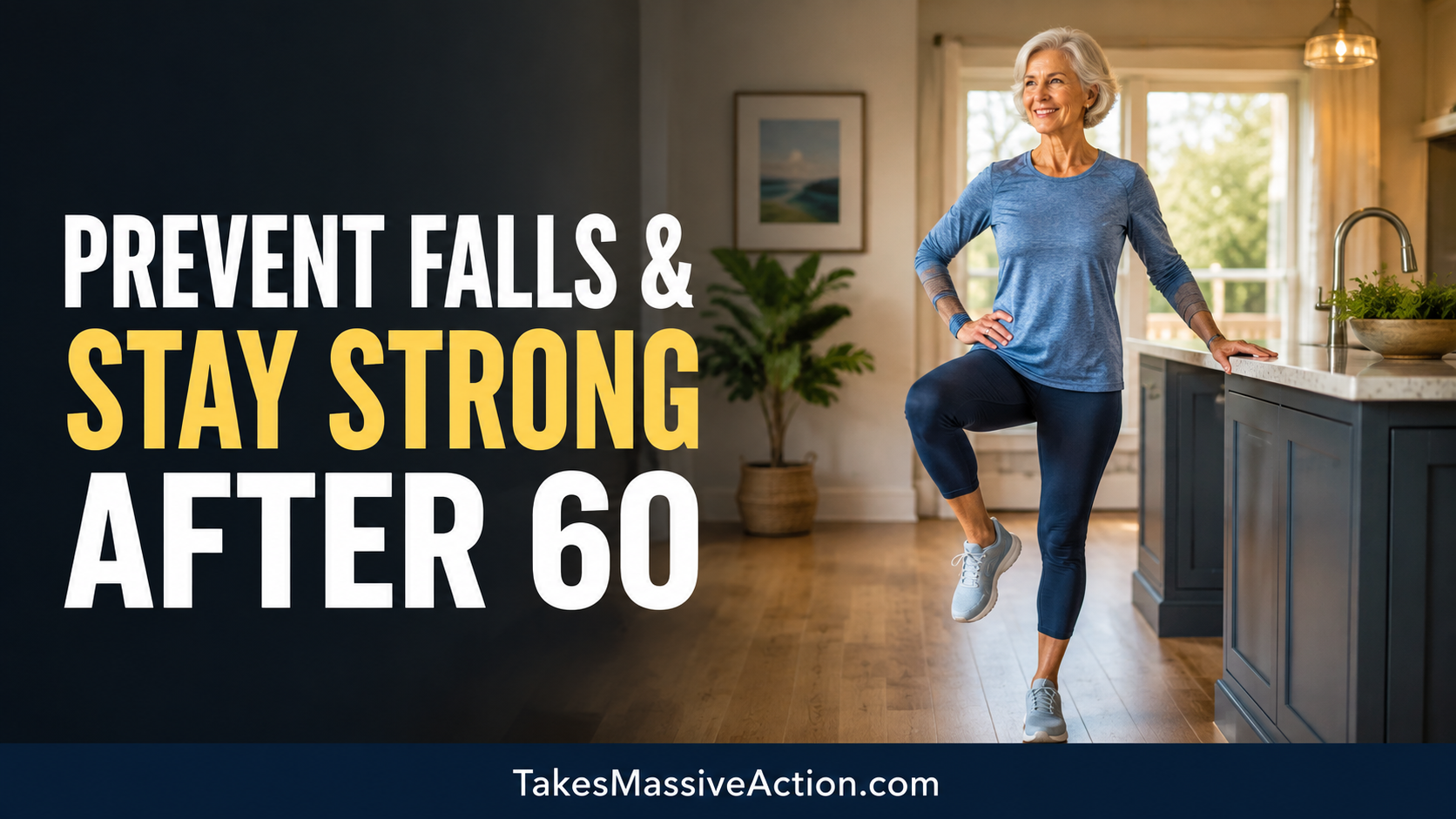Woman over 60 practicing a balance exercise at home to prevent falls and stay strong.
