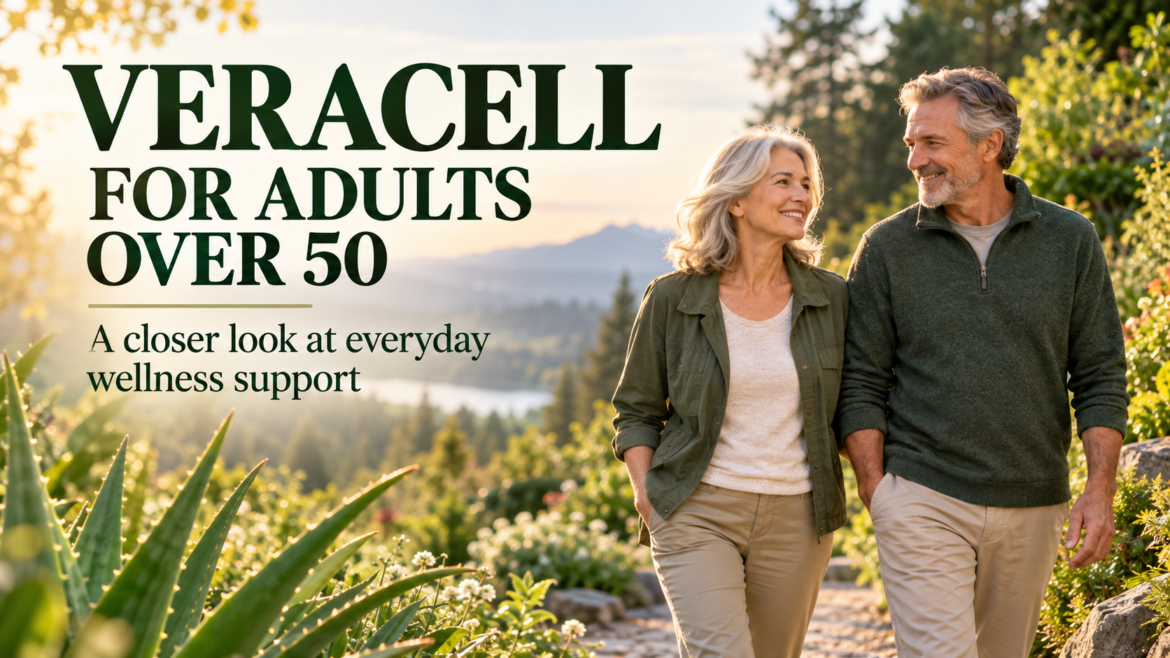 Mature couple enjoying a garden walk, illustrating a closer look at VeraCell and everyday wellness support for adults over 50.